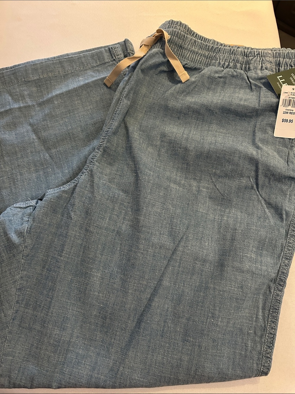 L.L.Bean Chambray Cotton Wide Leg Elastic Waist pull-on Pants Reg $79 22W